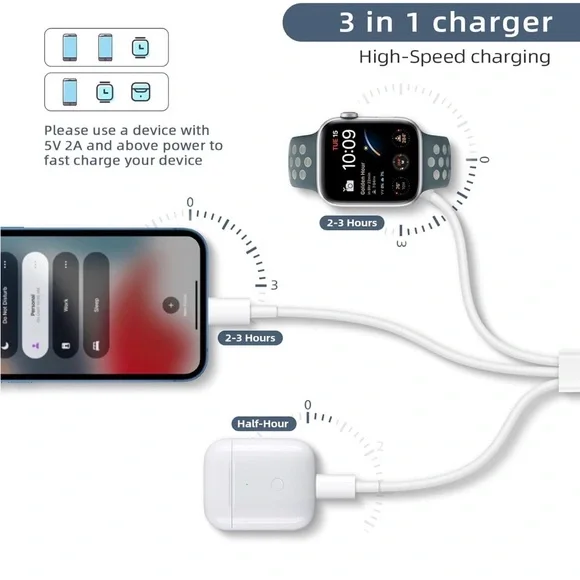3 in 1 Portable Charging Cord for iPhone, iWatch AirPod Android - Picture 3 of 7